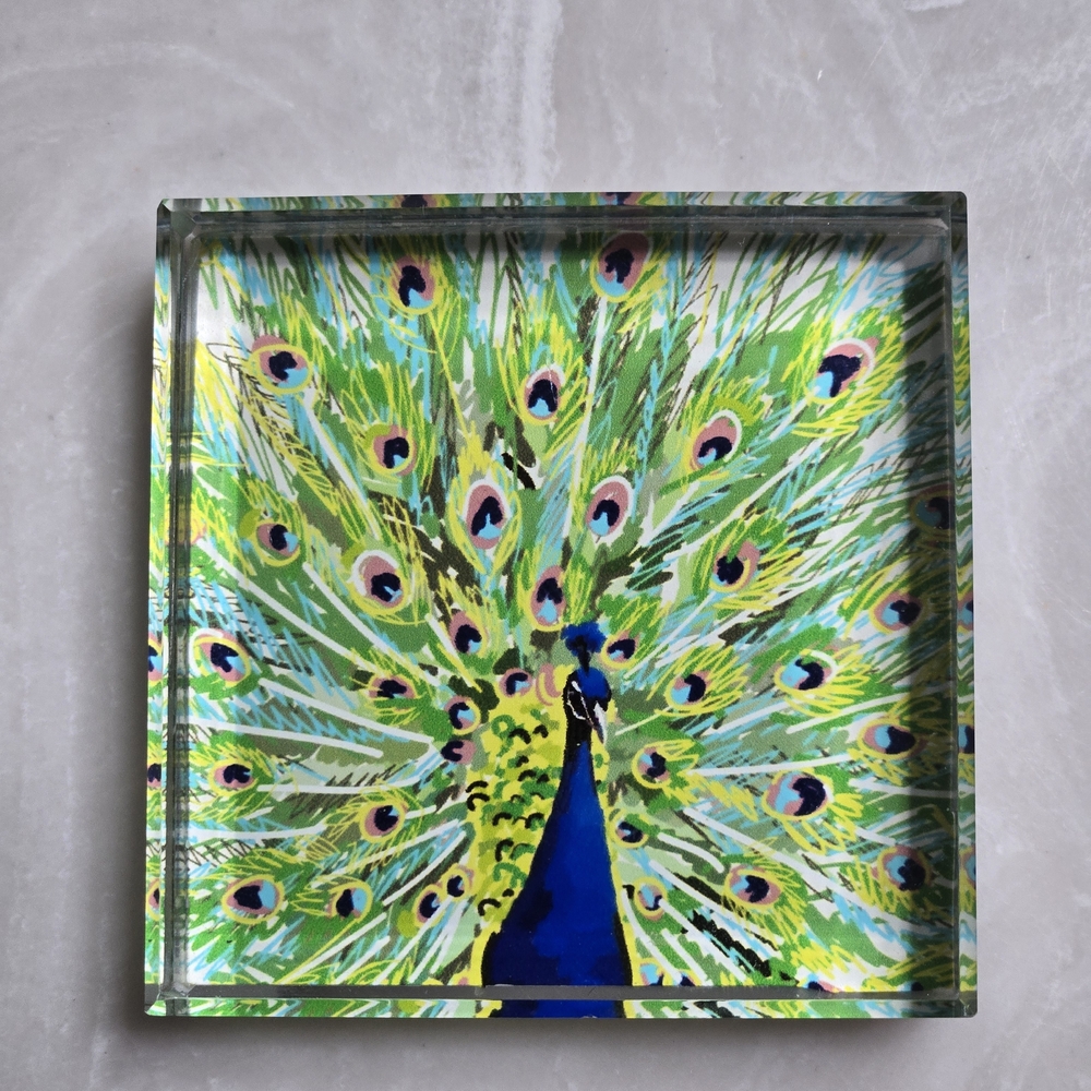 Peacock Glass  Paperweight 2.25" Square Cube Fanned Feathers 6oz Felt Backed